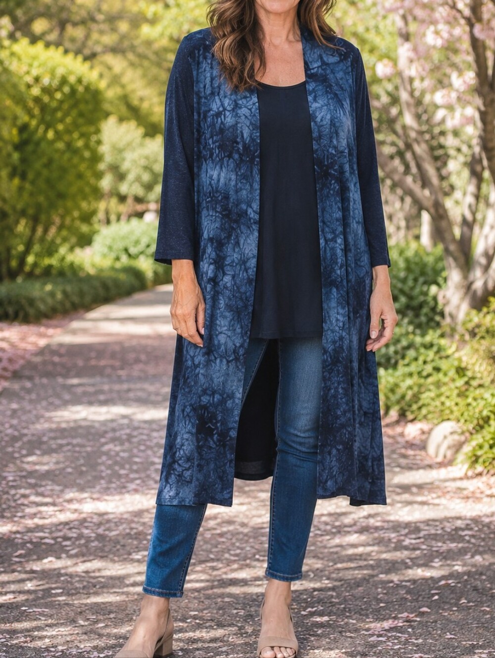 NWT Ever Sassy Navy Tie-Dye Open Front Long Cardigan Duster Boho Lightweight